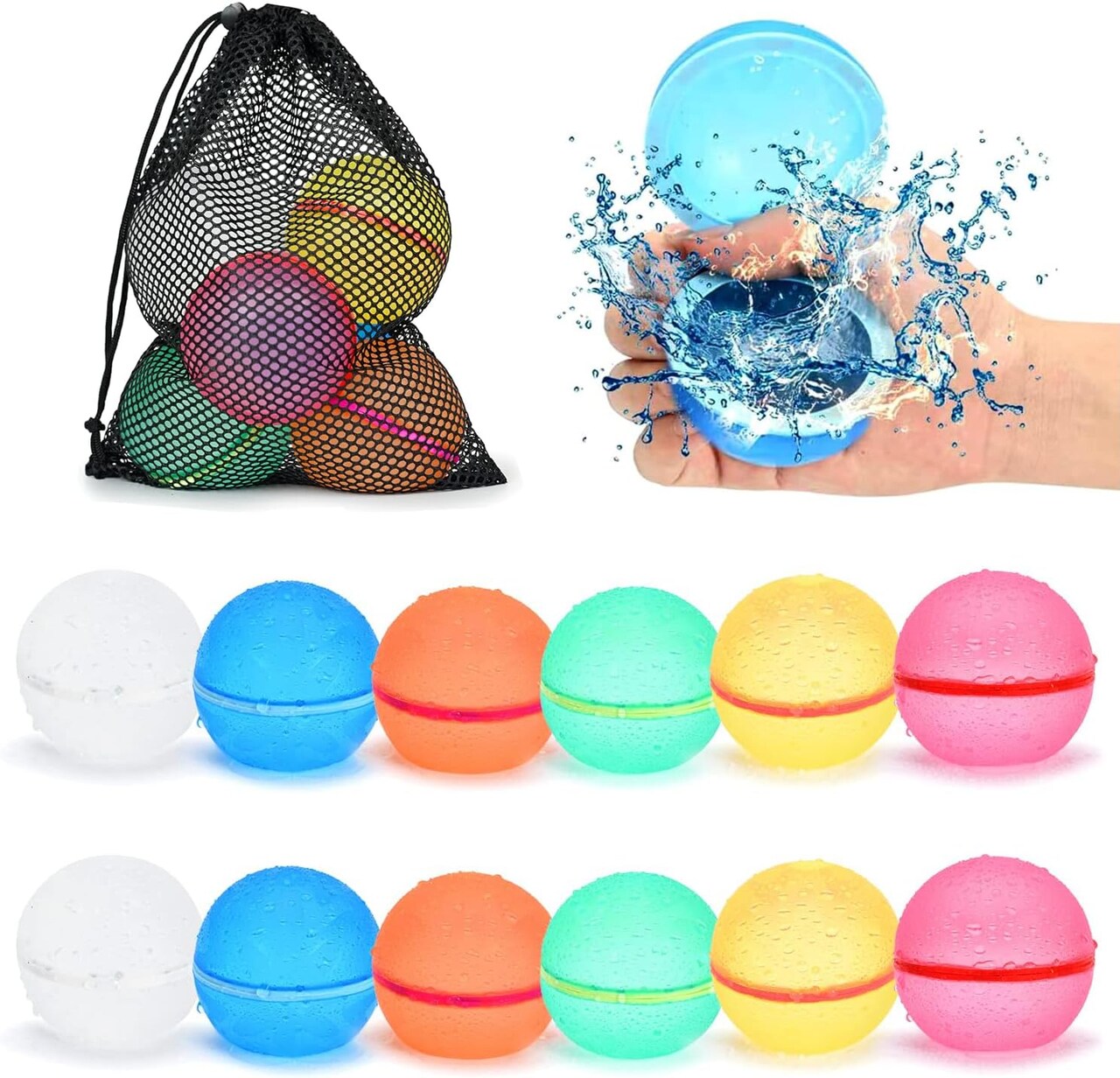 Reusable Water Balloons 12Pcs with Mesh Bag, Self Sealing Silicone Ball Latex-Free, No Clean Hassle, Easy to Fill, Summer Toys